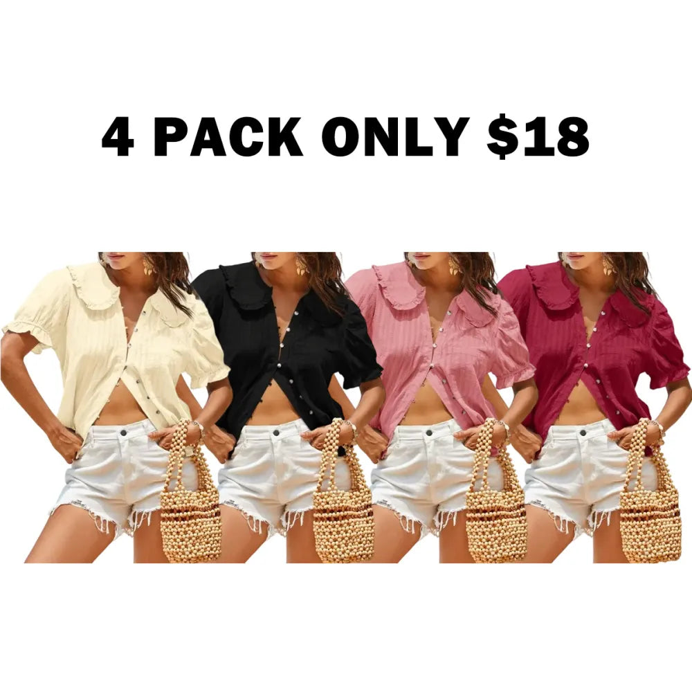 🔥Womens Puff Sleeve Shirts Peter Pan Collar Button Down Cotton Blouse Casual Summer Textured Tops