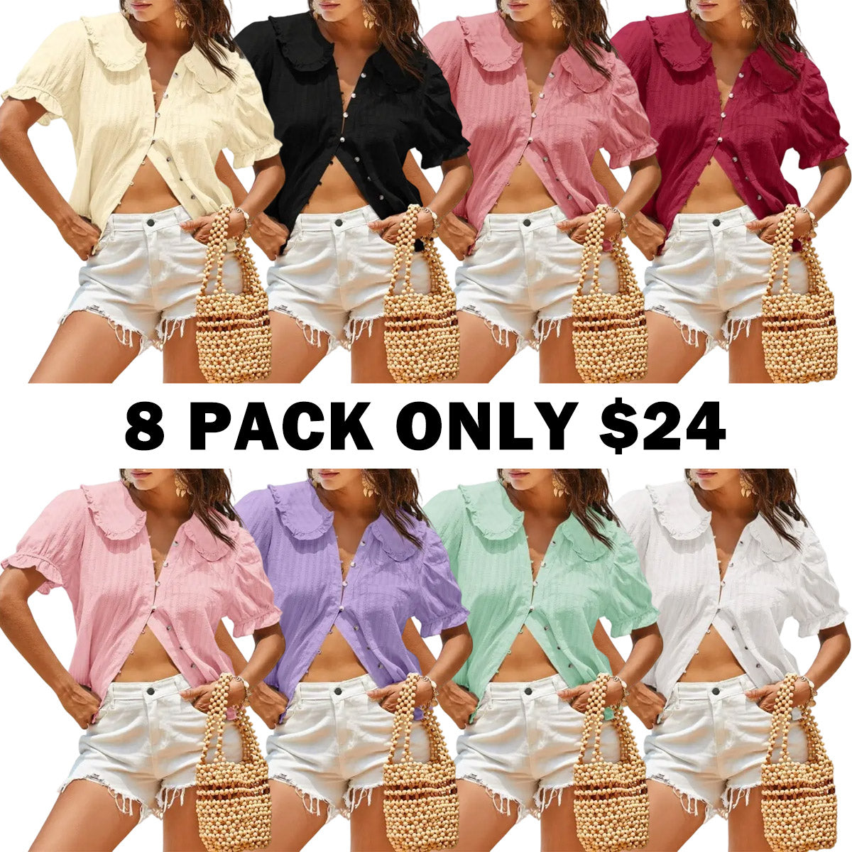 🔥Womens Puff Sleeve Shirts Peter Pan Collar Button Down Cotton Blouse Casual Summer Textured Tops