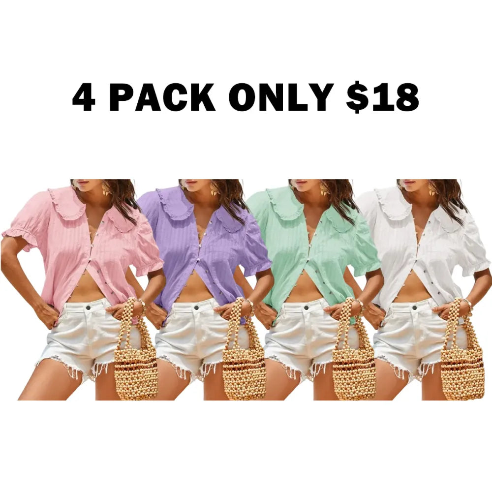 🔥Womens Puff Sleeve Shirts Peter Pan Collar Button Down Cotton Blouse Casual Summer Textured Tops
