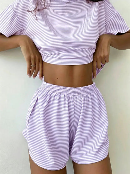 Women's Striped Print Drop Shoulder Tee & Wrap Split Shorts Pyjama Set